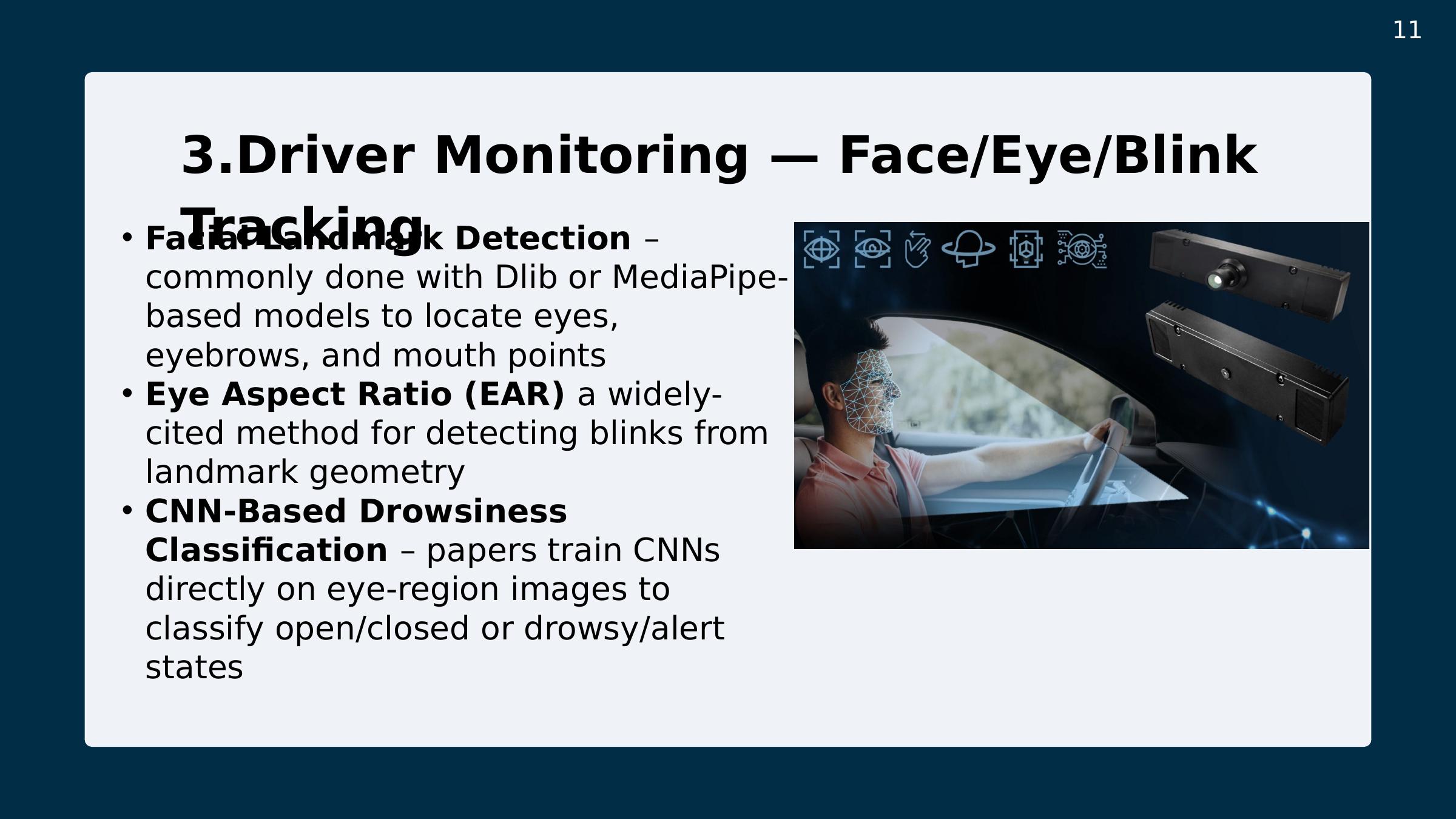 Slide 12: Driver monitoring — face/eye/blink tracking